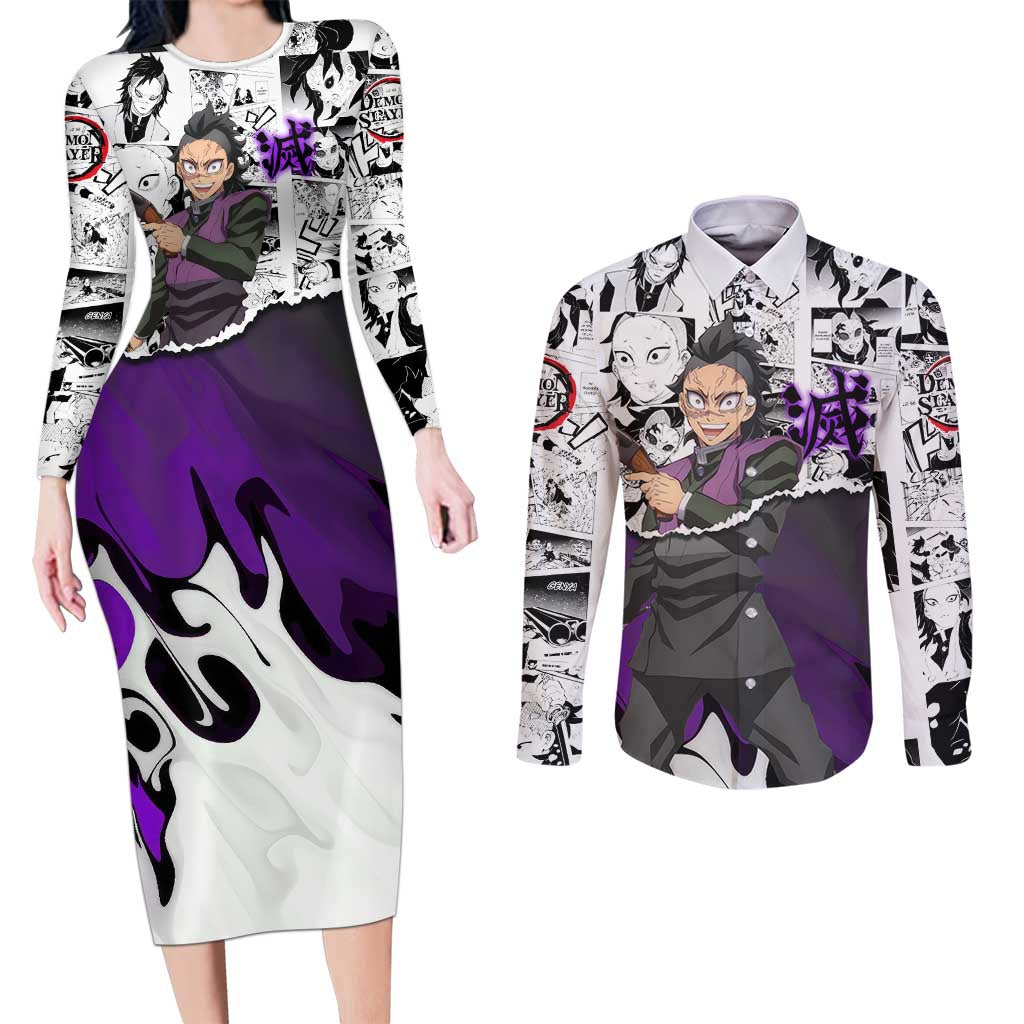 Genya Shinazugawa Demon Slayer Manga Panel Black and White Theme Couples Matching Long Sleeve Bodycon Dress and Long Sleeve Button Shirt with Purple Accents and Gun Action Pose - The Mazicc