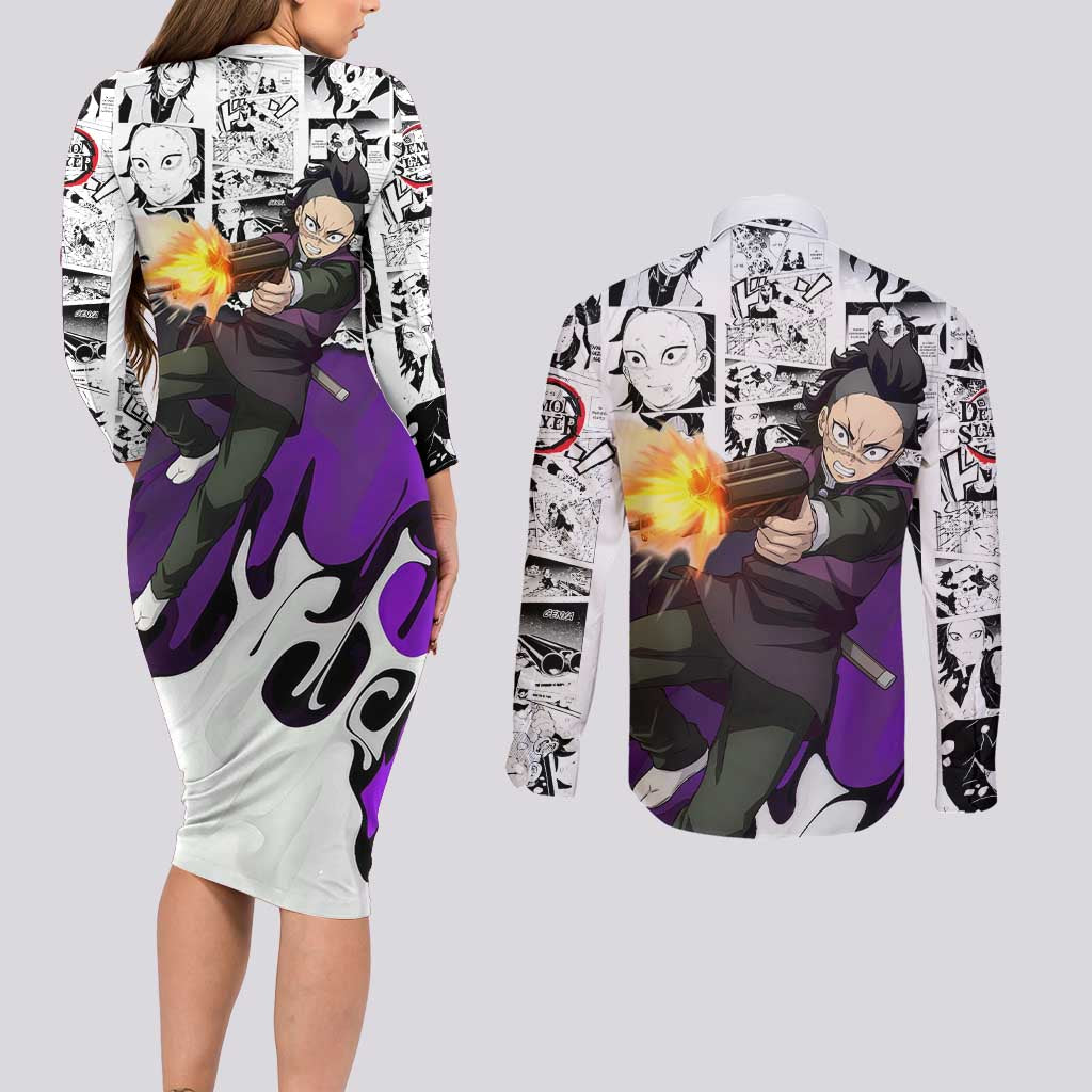 Genya Shinazugawa Demon Slayer Manga Panel Black and White Theme Couples Matching Long Sleeve Bodycon Dress and Long Sleeve Button Shirt with Purple Accents and Gun Action Pose - The Mazicc