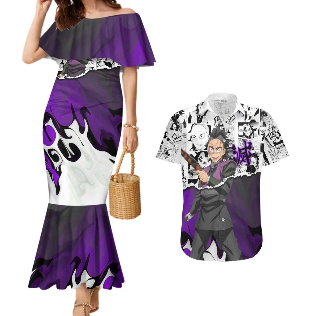Genya Shinazugawa Demon Slayer Manga Panel Black and White Theme Couples Matching Mermaid Dress and Hawaiian Shirt with Purple Accents and Gun Action Pose - The Mazicc