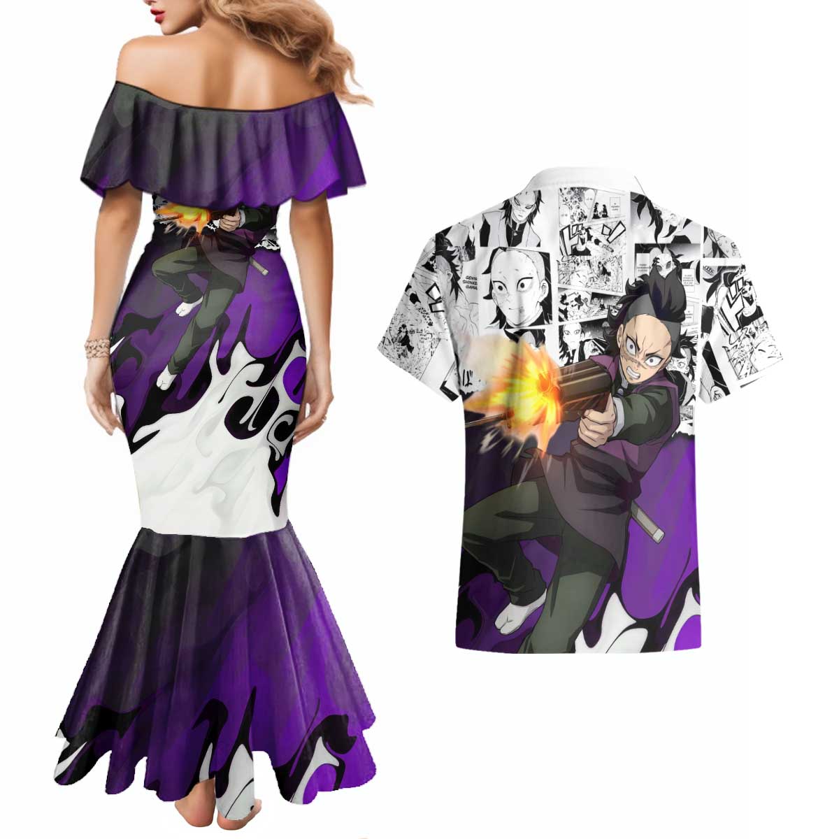 Genya Shinazugawa Demon Slayer Manga Panel Black and White Theme Couples Matching Mermaid Dress and Hawaiian Shirt with Purple Accents and Gun Action Pose - The Mazicc