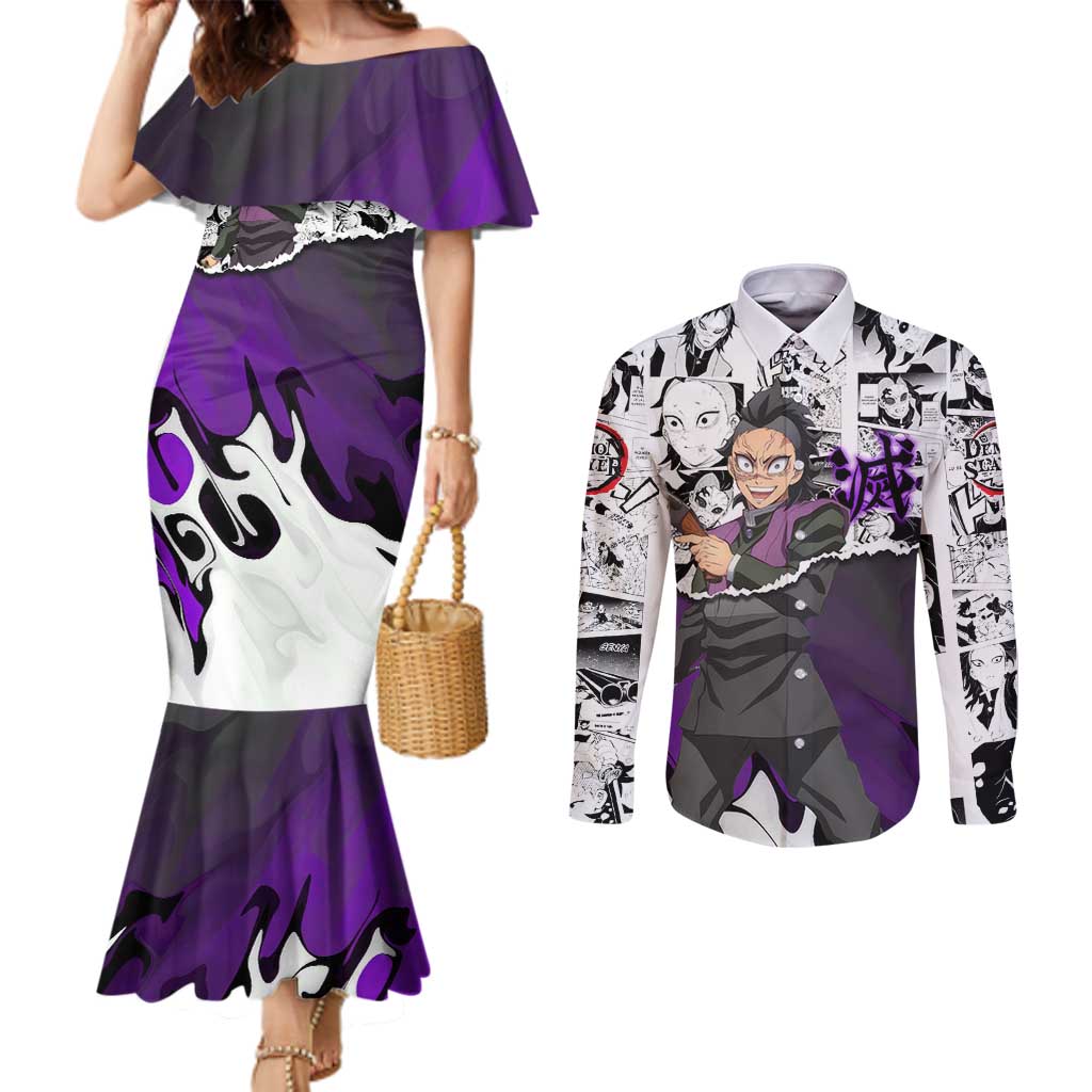 Genya Shinazugawa Demon Slayer Manga Panel Black and White Theme Couples Matching Mermaid Dress and Long Sleeve Button Shirt with Purple Accents and Gun Action Pose - The Mazicc