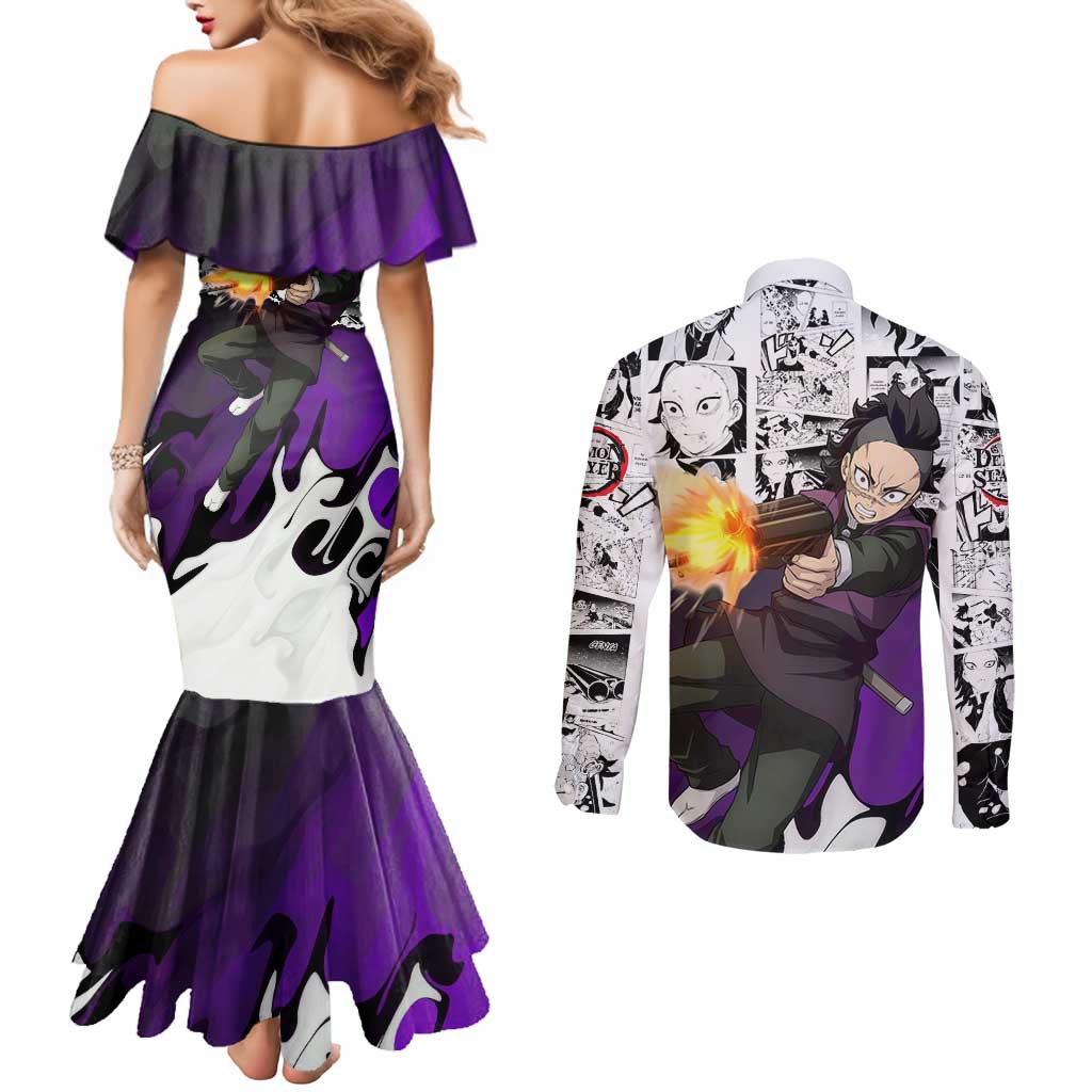 Genya Shinazugawa Demon Slayer Manga Panel Black and White Theme Couples Matching Mermaid Dress and Long Sleeve Button Shirt with Purple Accents and Gun Action Pose - The Mazicc