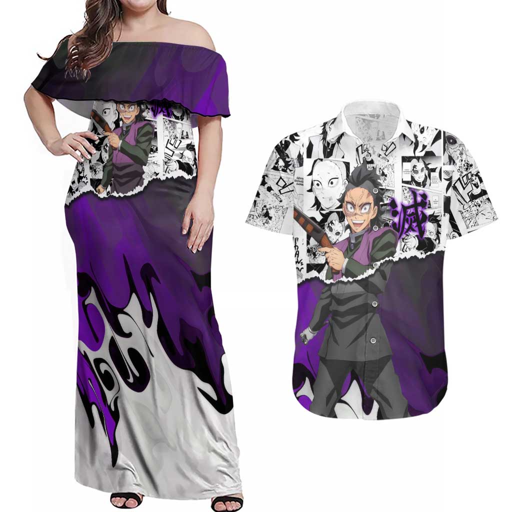 Genya Shinazugawa Demon Slayer Manga Panel Black and White Theme Couples Matching Off Shoulder Maxi Dress and Hawaiian Shirt with Purple Accents and Gun Action Pose - The Mazicc