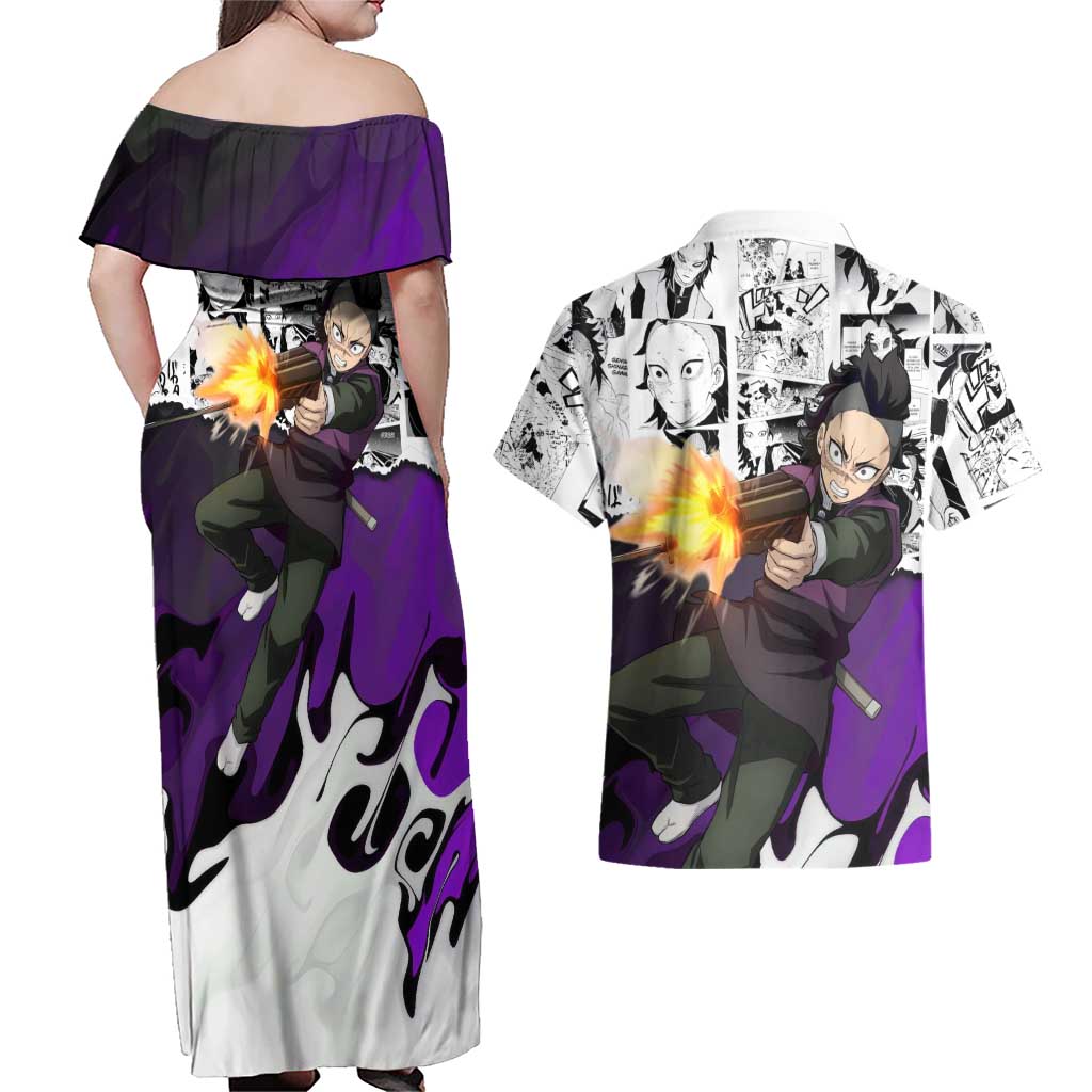 Genya Shinazugawa Demon Slayer Manga Panel Black and White Theme Couples Matching Off Shoulder Maxi Dress and Hawaiian Shirt with Purple Accents and Gun Action Pose - The Mazicc