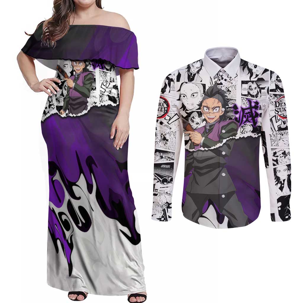 Genya Shinazugawa Demon Slayer Manga Panel Black and White Theme Couples Matching Off Shoulder Maxi Dress and Long Sleeve Button Shirt with Purple Accents and Gun Action Pose - The Mazicc