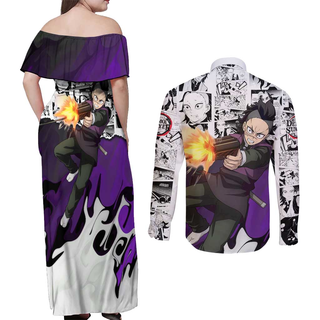 Genya Shinazugawa Demon Slayer Manga Panel Black and White Theme Couples Matching Off Shoulder Maxi Dress and Long Sleeve Button Shirt with Purple Accents and Gun Action Pose - The Mazicc