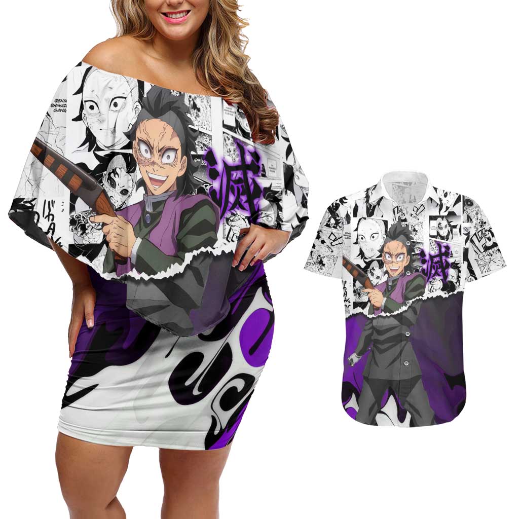 Genya Shinazugawa Demon Slayer Manga Panel Black and White Theme Couples Matching Off Shoulder Short Dress and Hawaiian Shirt with Purple Accents and Gun Action Pose - The Mazicc