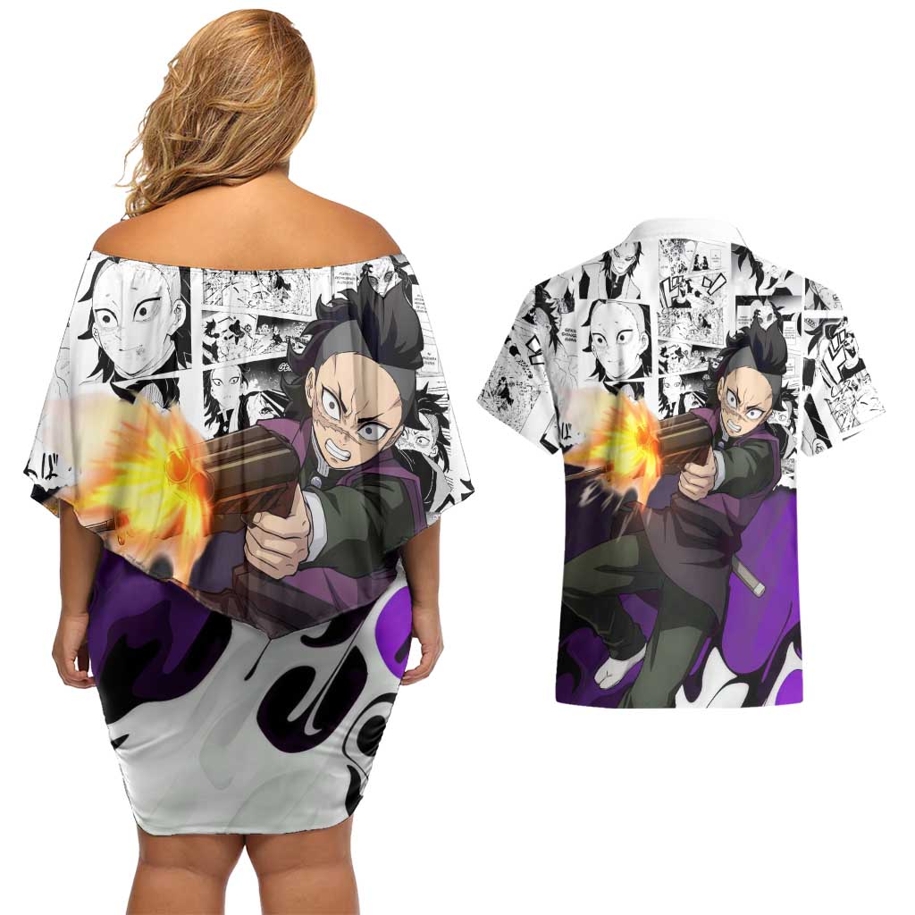 Genya Shinazugawa Demon Slayer Manga Panel Black and White Theme Couples Matching Off Shoulder Short Dress and Hawaiian Shirt with Purple Accents and Gun Action Pose - The Mazicc