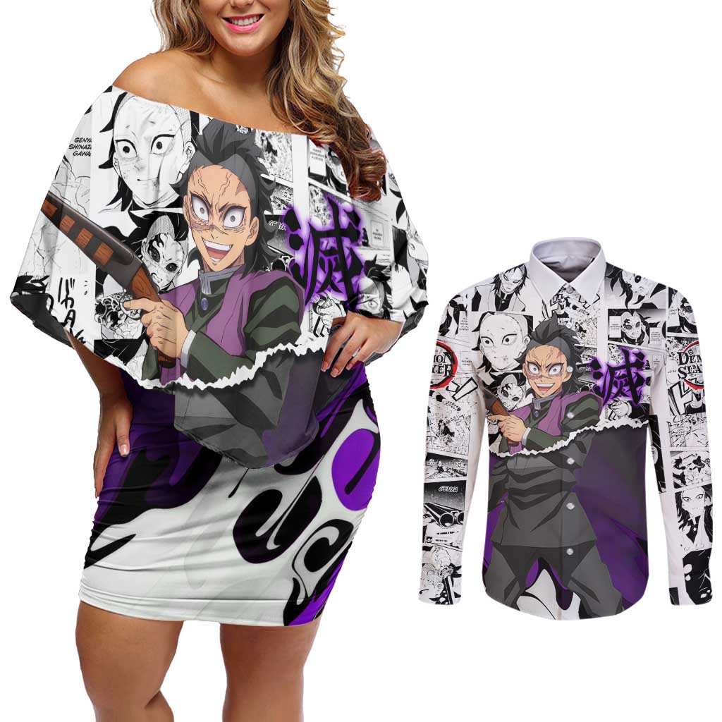 Genya Shinazugawa Demon Slayer Manga Panel Black and White Theme Couples Matching Off Shoulder Short Dress and Long Sleeve Button Shirt with Purple Accents and Gun Action Pose - The Mazicc