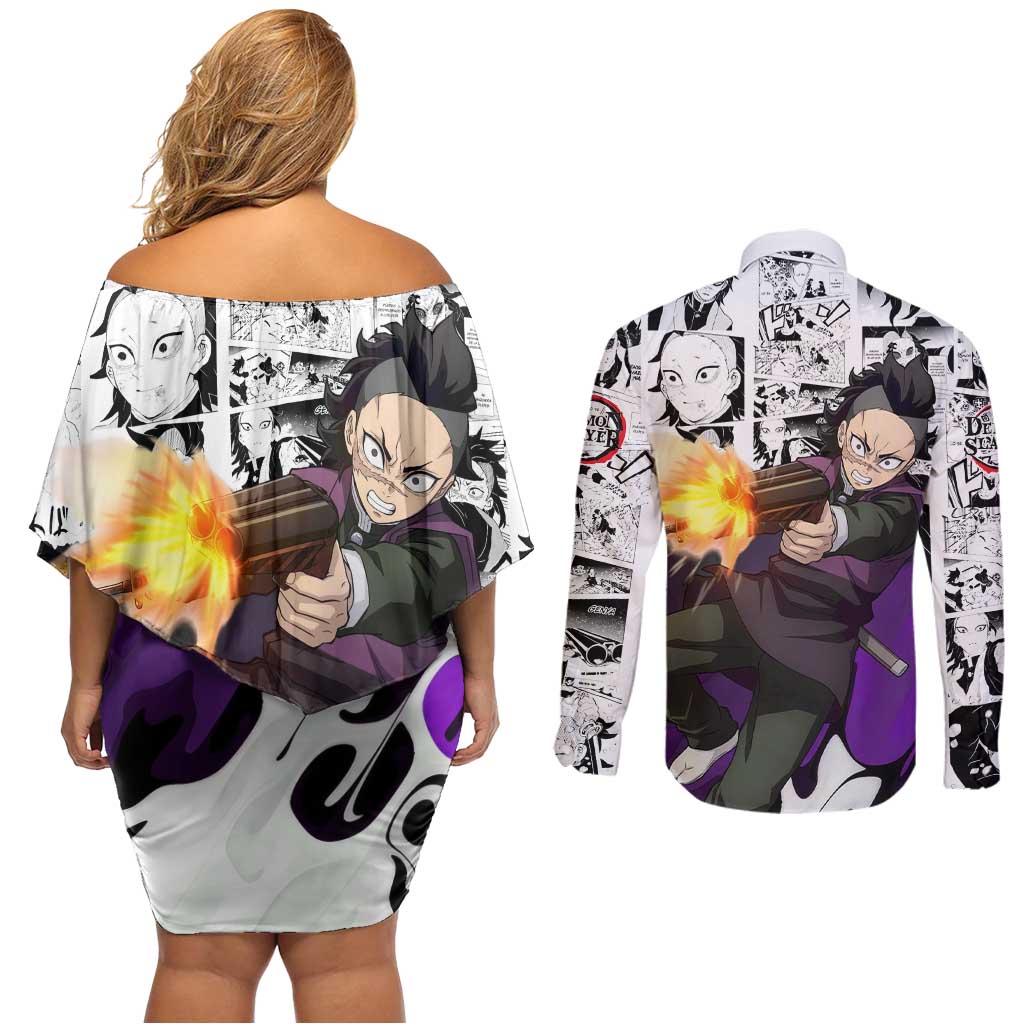 Genya Shinazugawa Demon Slayer Manga Panel Black and White Theme Couples Matching Off Shoulder Short Dress and Long Sleeve Button Shirt with Purple Accents and Gun Action Pose - The Mazicc