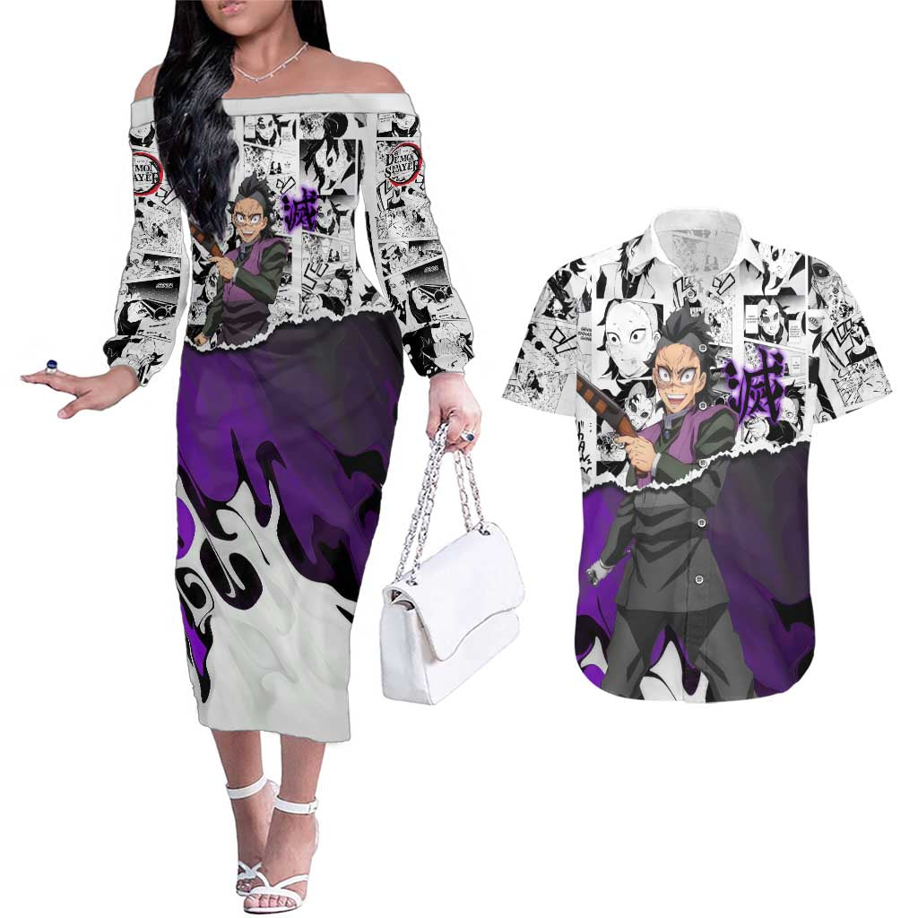 Genya Shinazugawa Demon Slayer Manga Panel Black and White Theme Couples Matching Off The Shoulder Long Sleeve Dress and Hawaiian Shirt with Purple Accents and Gun Action Pose - The Mazicc