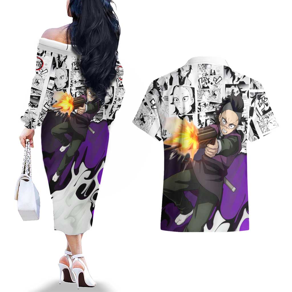 Genya Shinazugawa Demon Slayer Manga Panel Black and White Theme Couples Matching Off The Shoulder Long Sleeve Dress and Hawaiian Shirt with Purple Accents and Gun Action Pose - The Mazicc