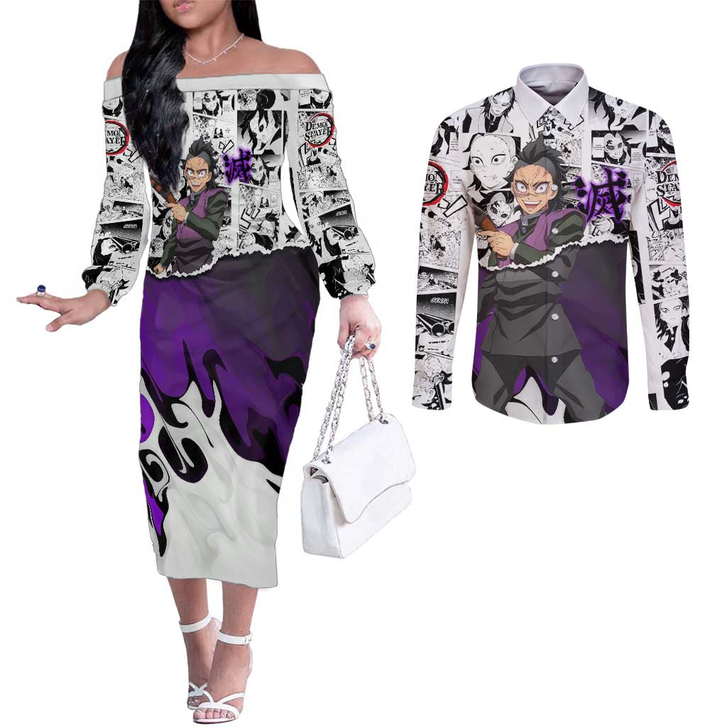Genya Shinazugawa Demon Slayer Manga Panel Black and White Theme Couples Matching Off The Shoulder Long Sleeve Dress and Long Sleeve Button Shirt with Purple Accents and Gun Action Pose - The Mazicc