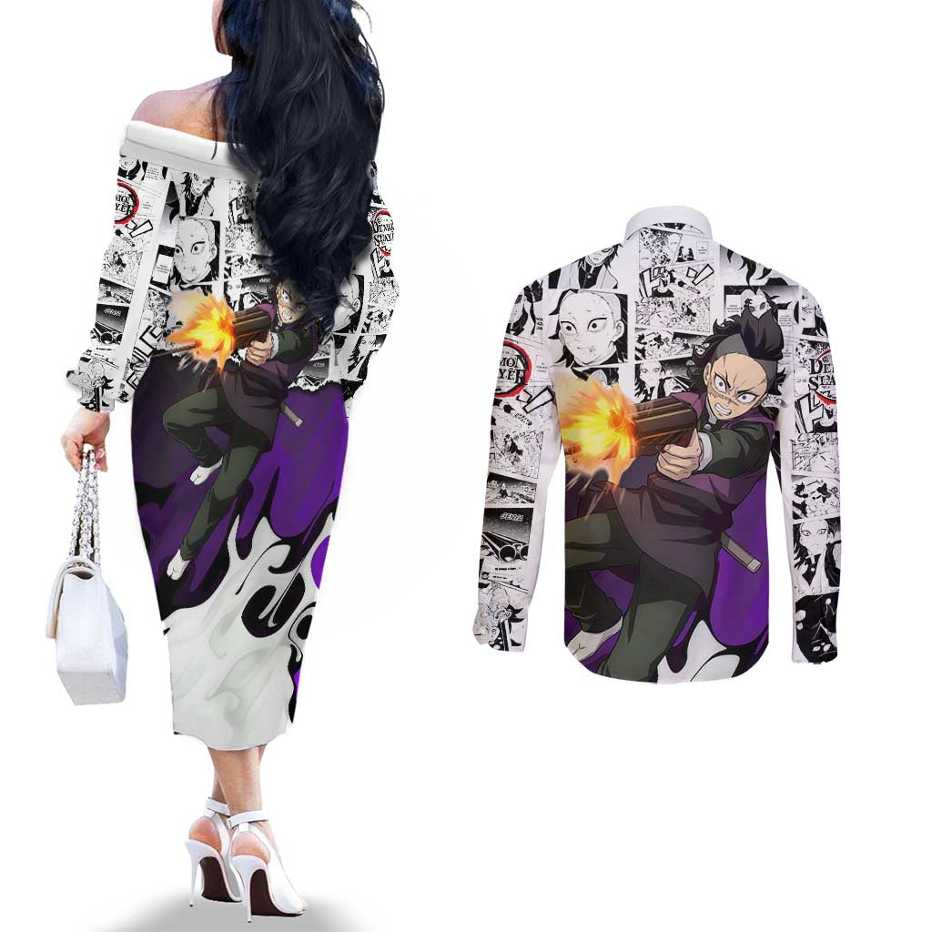 Genya Shinazugawa Demon Slayer Manga Panel Black and White Theme Couples Matching Off The Shoulder Long Sleeve Dress and Long Sleeve Button Shirt with Purple Accents and Gun Action Pose - The Mazicc