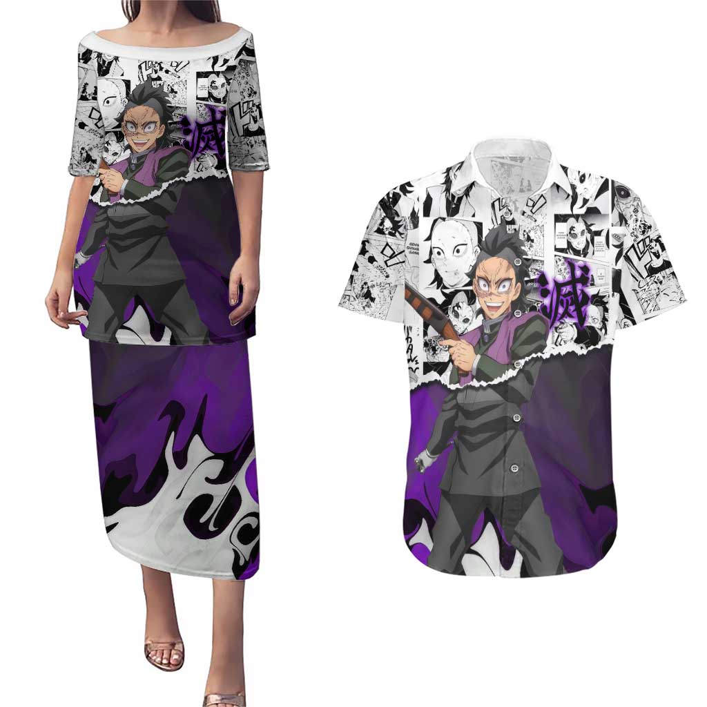 Genya Shinazugawa Demon Slayer Manga Panel Black and White Theme Couples Matching Puletasi and Hawaiian Shirt with Purple Accents and Gun Action Pose - The Mazicc