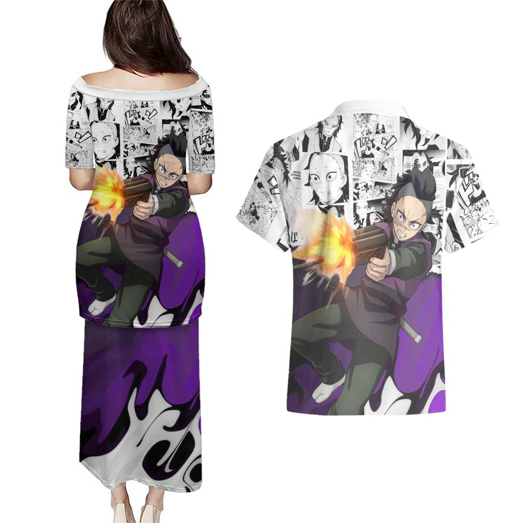 Genya Shinazugawa Demon Slayer Manga Panel Black and White Theme Couples Matching Puletasi and Hawaiian Shirt with Purple Accents and Gun Action Pose - The Mazicc