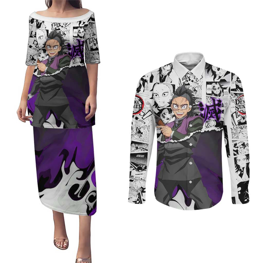 Genya Shinazugawa Demon Slayer Manga Panel Black and White Theme Couples Matching Puletasi and Long Sleeve Button Shirt with Purple Accents and Gun Action Pose - The Mazicc