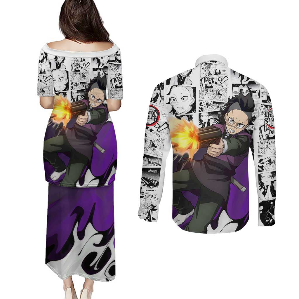 Genya Shinazugawa Demon Slayer Manga Panel Black and White Theme Couples Matching Puletasi and Long Sleeve Button Shirt with Purple Accents and Gun Action Pose - The Mazicc