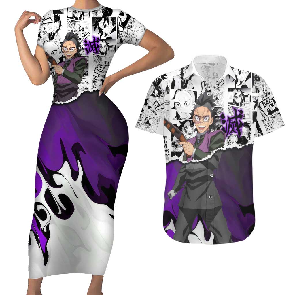 Genya Shinazugawa Demon Slayer Manga Panel Black and White Theme Couples Matching Short Sleeve Bodycon Dress and Hawaiian Shirt with Purple Accents and Gun Action Pose - The Mazicc