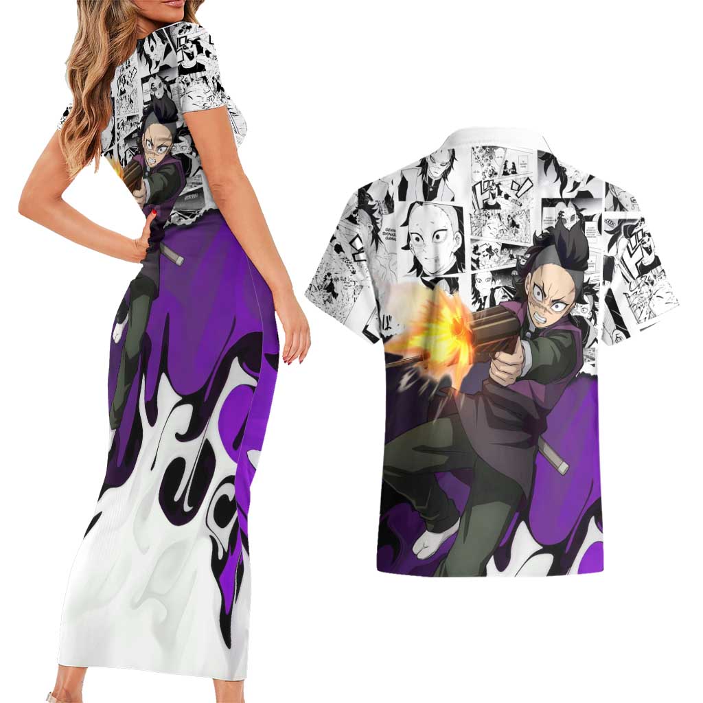 Genya Shinazugawa Demon Slayer Manga Panel Black and White Theme Couples Matching Short Sleeve Bodycon Dress and Hawaiian Shirt with Purple Accents and Gun Action Pose - The Mazicc