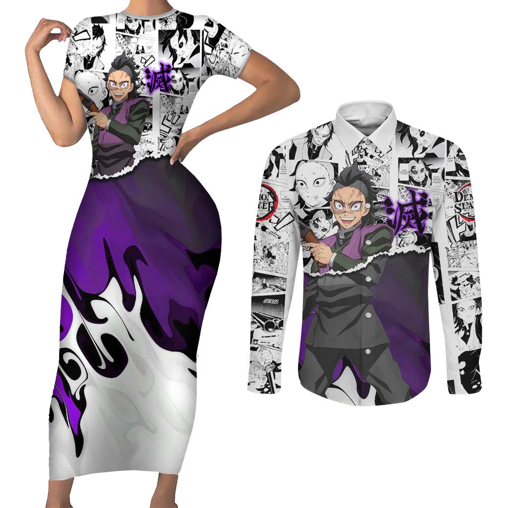 Genya Shinazugawa Demon Slayer Manga Panel Black and White Theme Couples Matching Short Sleeve Bodycon Dress and Long Sleeve Button Shirt with Purple Accents and Gun Action Pose - The Mazicc