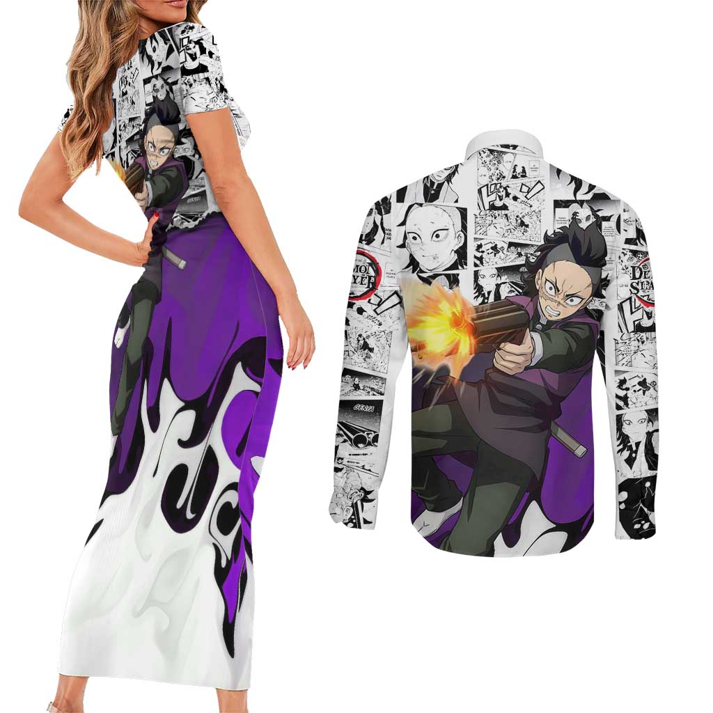 Genya Shinazugawa Demon Slayer Manga Panel Black and White Theme Couples Matching Short Sleeve Bodycon Dress and Long Sleeve Button Shirt with Purple Accents and Gun Action Pose - The Mazicc
