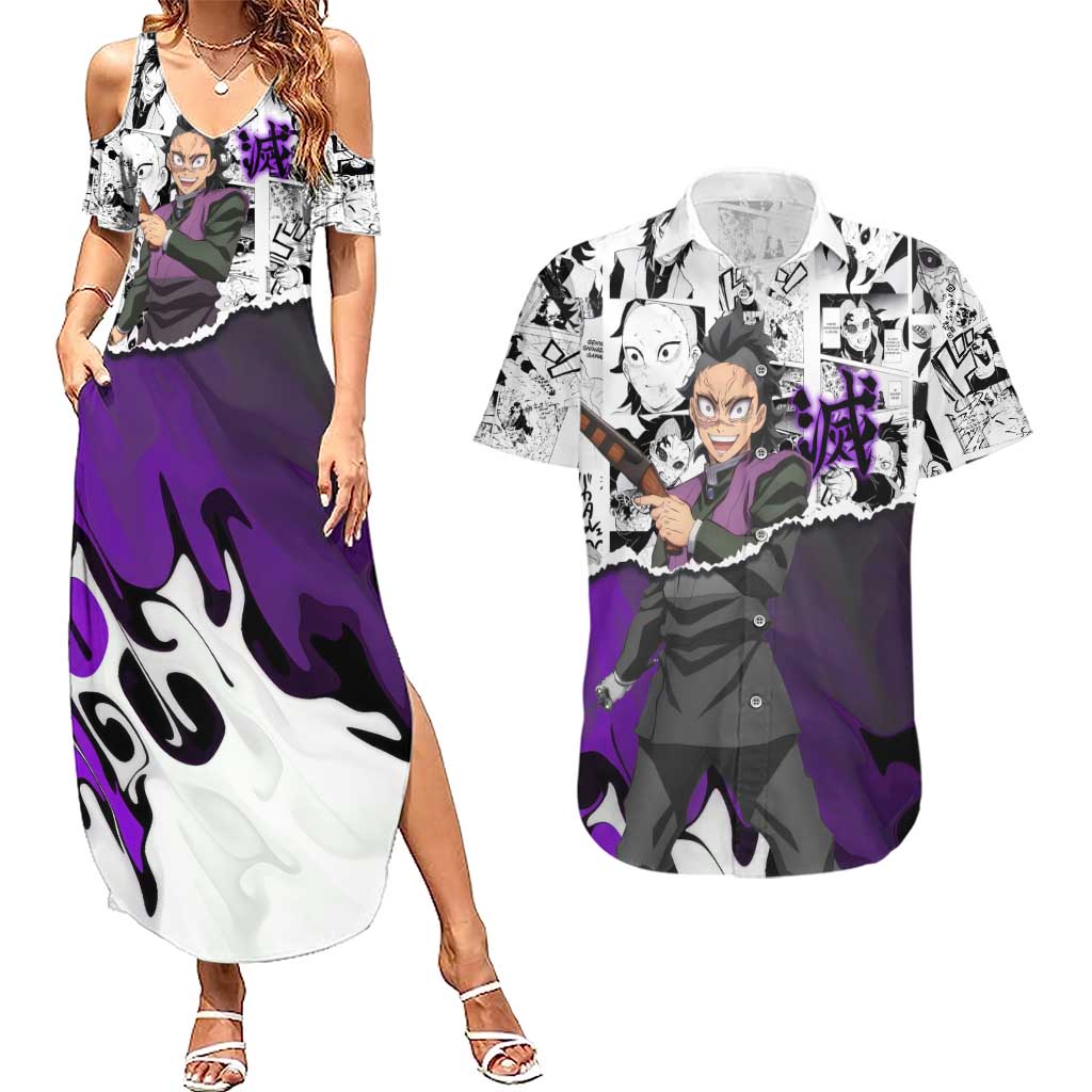 Genya Shinazugawa Demon Slayer Manga Panel Black and White Theme Couples Matching Summer Maxi Dress and Hawaiian Shirt with Purple Accents and Gun Action Pose - The Mazicc