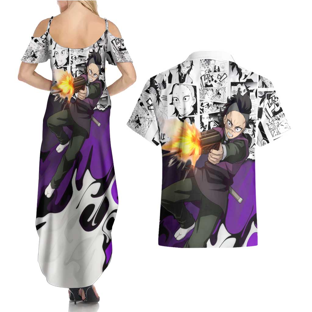 Genya Shinazugawa Demon Slayer Manga Panel Black and White Theme Couples Matching Summer Maxi Dress and Hawaiian Shirt with Purple Accents and Gun Action Pose - The Mazicc