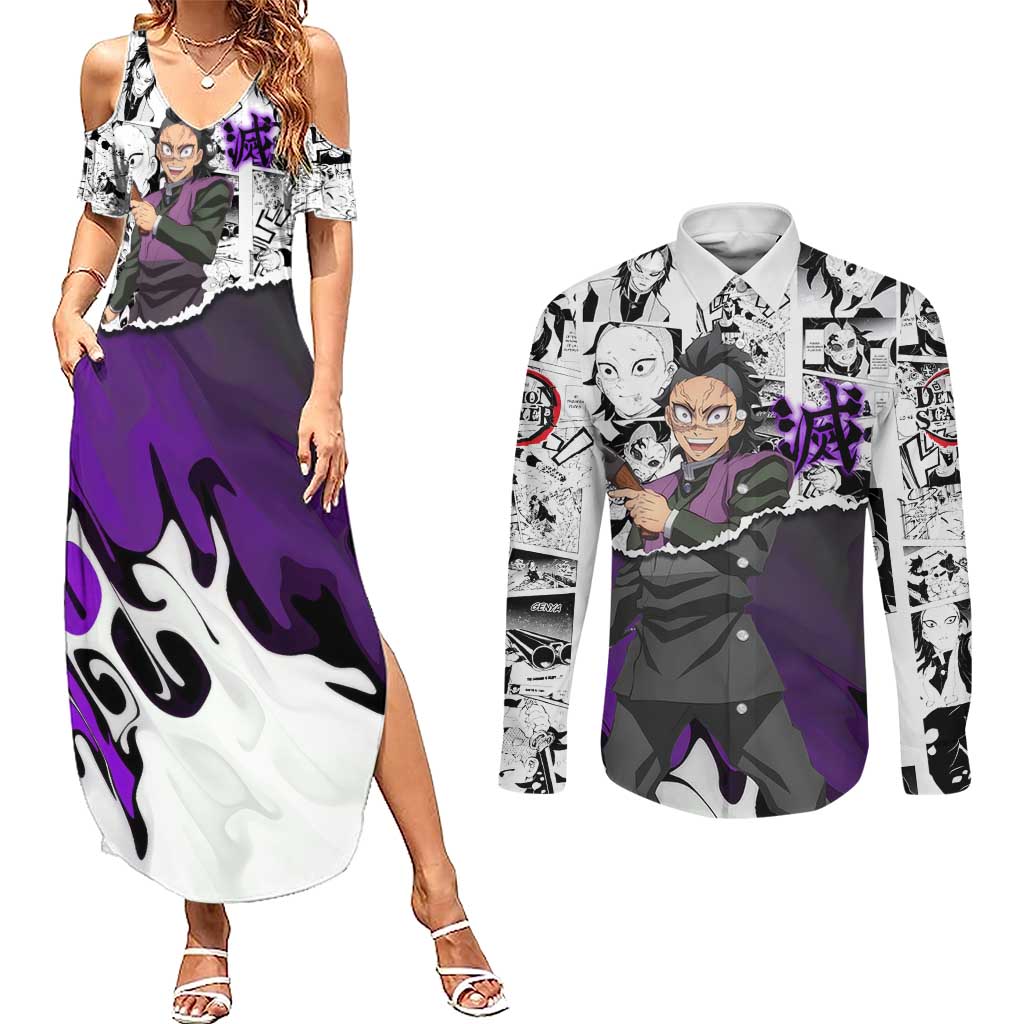 Genya Shinazugawa Demon Slayer Manga Panel Black and White Theme Couples Matching Summer Maxi Dress and Long Sleeve Button Shirt with Purple Accents and Gun Action Pose - The Mazicc