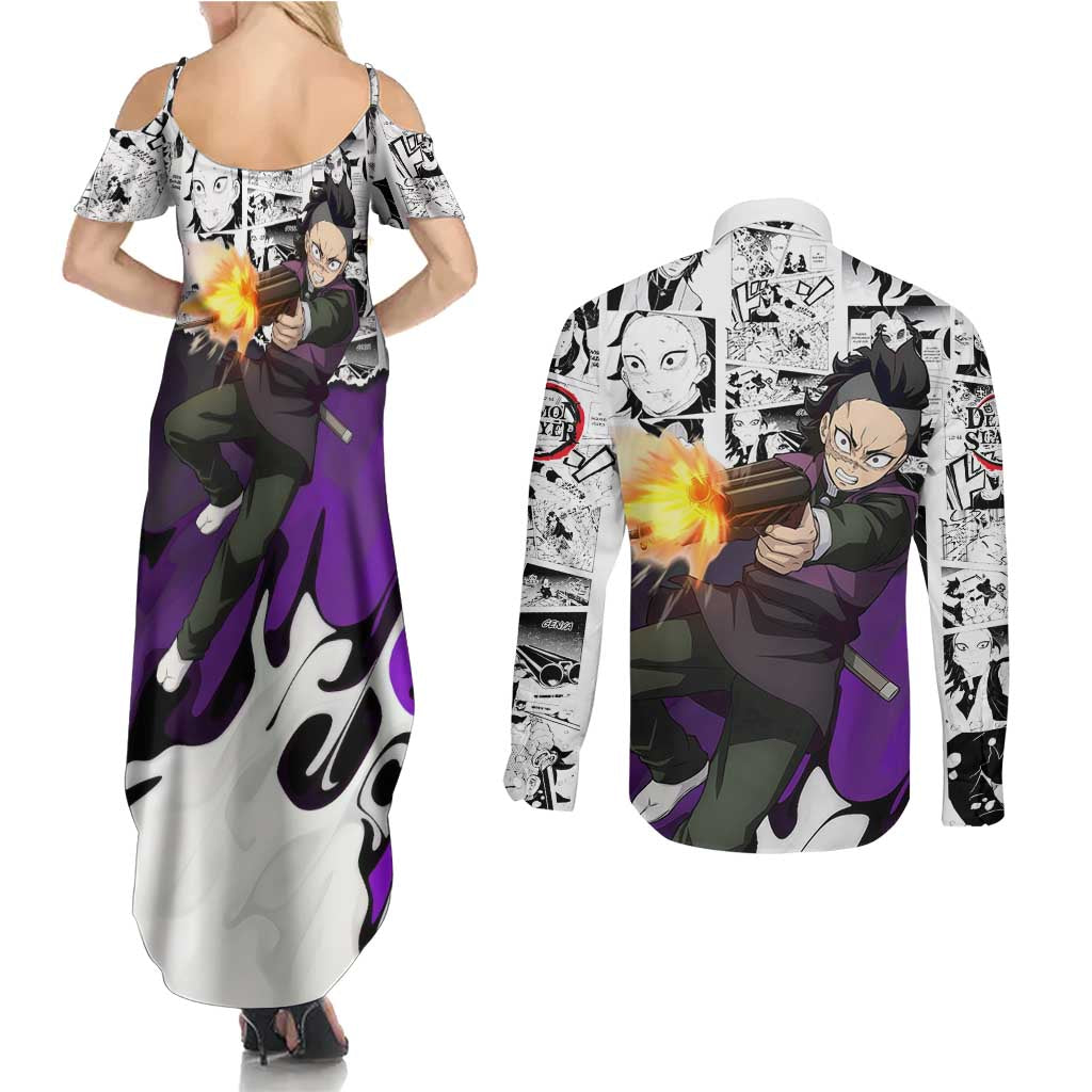 Genya Shinazugawa Demon Slayer Manga Panel Black and White Theme Couples Matching Summer Maxi Dress and Long Sleeve Button Shirt with Purple Accents and Gun Action Pose - The Mazicc