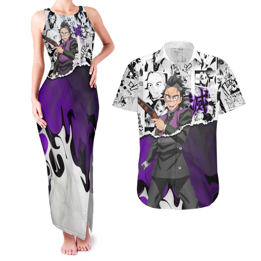 Genya Shinazugawa Demon Slayer Manga Panel Black and White Theme Couples Matching Tank Maxi Dress and Hawaiian Shirt with Purple Accents and Gun Action Pose - The Mazicc