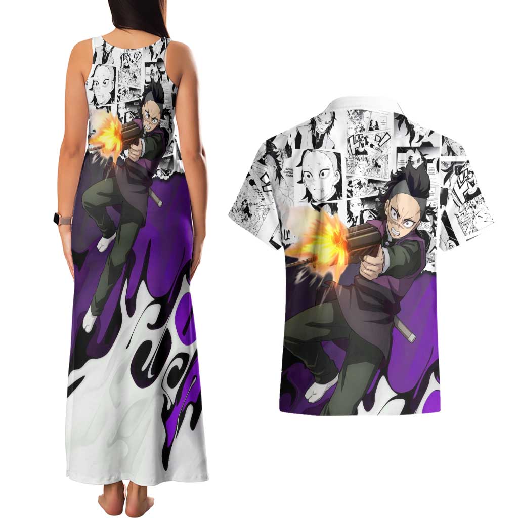 Genya Shinazugawa Demon Slayer Manga Panel Black and White Theme Couples Matching Tank Maxi Dress and Hawaiian Shirt with Purple Accents and Gun Action Pose - The Mazicc