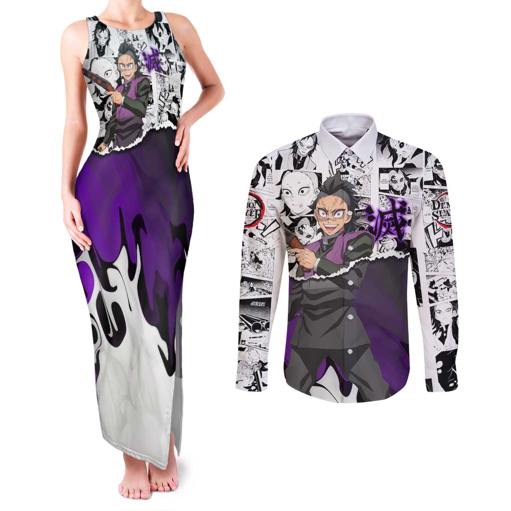 Genya Shinazugawa Demon Slayer Manga Panel Black and White Theme Couples Matching Tank Maxi Dress and Long Sleeve Button Shirt with Purple Accents and Gun Action Pose - The Mazicc