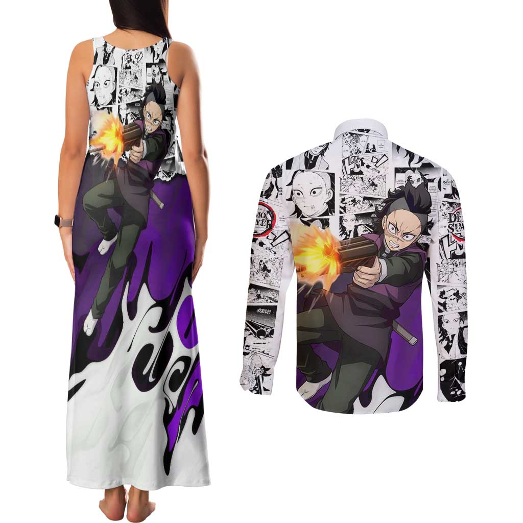 Genya Shinazugawa Demon Slayer Manga Panel Black and White Theme Couples Matching Tank Maxi Dress and Long Sleeve Button Shirt with Purple Accents and Gun Action Pose - The Mazicc