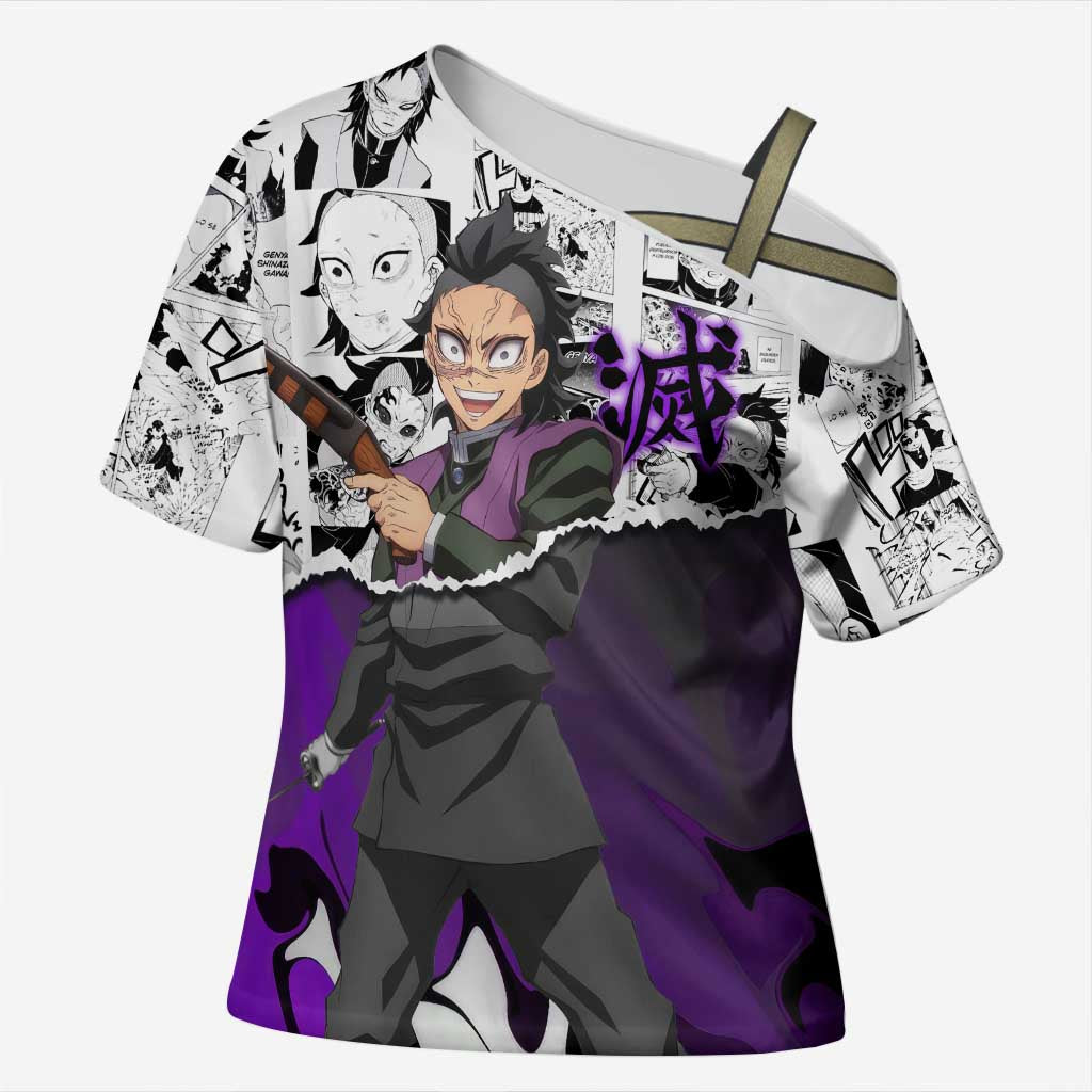 Genya Shinazugawa Demon Slayer Manga Panel Black and White Theme Cross Shoulder Shirt with Purple Accents and Gun Action Pose - The Mazicc