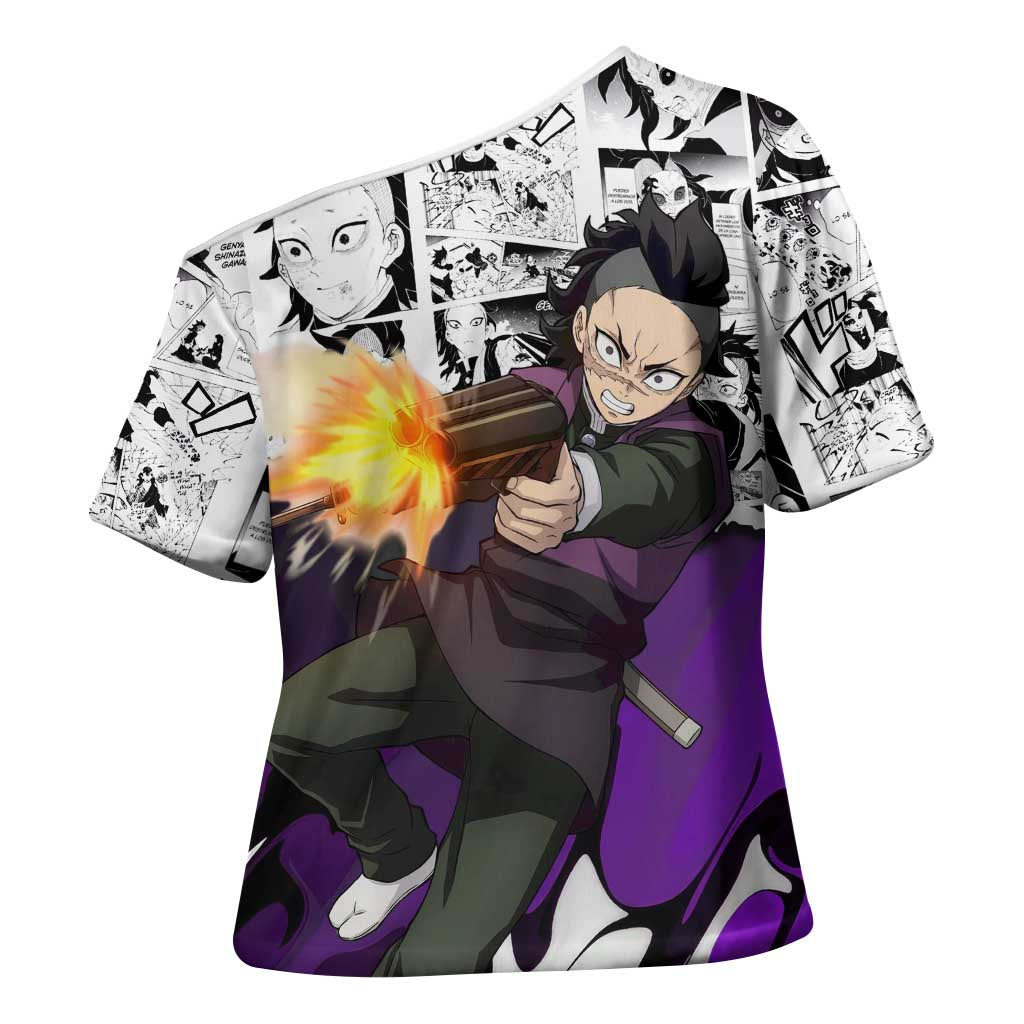 Genya Shinazugawa Demon Slayer Manga Panel Black and White Theme Cross Shoulder Shirt with Purple Accents and Gun Action Pose - The Mazicc
