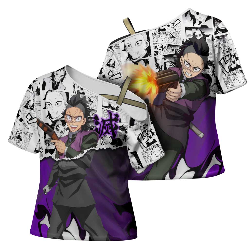 Genya Shinazugawa Demon Slayer Manga Panel Black and White Theme Cross Shoulder Shirt with Purple Accents and Gun Action Pose - The Mazicc