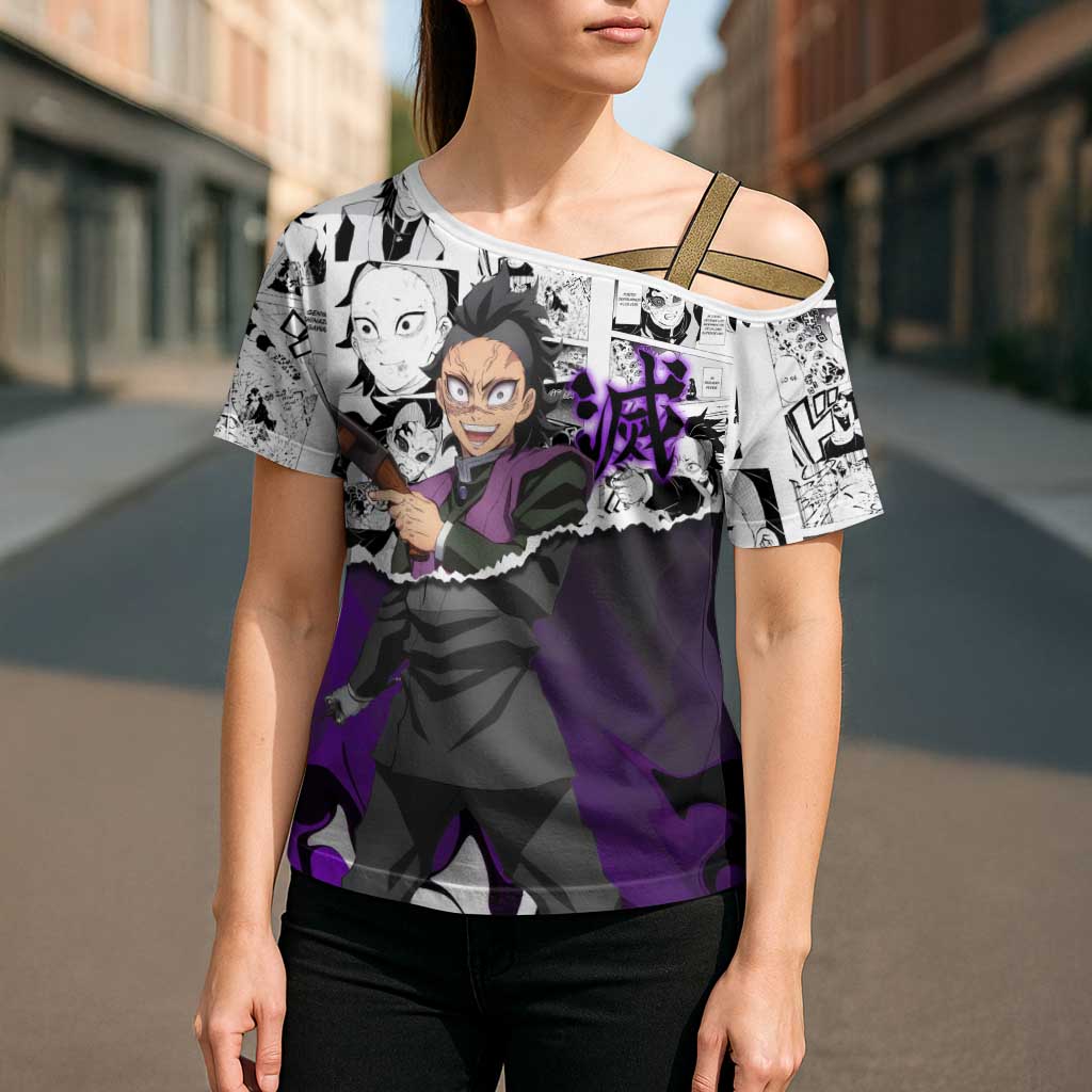 Genya Shinazugawa Demon Slayer Manga Panel Black and White Theme Cross Shoulder Shirt with Purple Accents and Gun Action Pose - The Mazicc