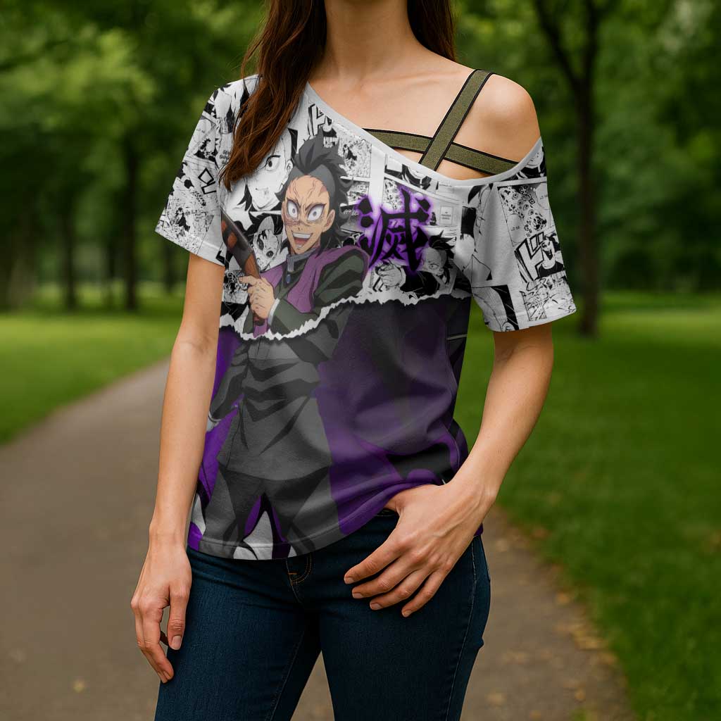 Genya Shinazugawa Demon Slayer Manga Panel Black and White Theme Cross Shoulder Shirt with Purple Accents and Gun Action Pose - The Mazicc