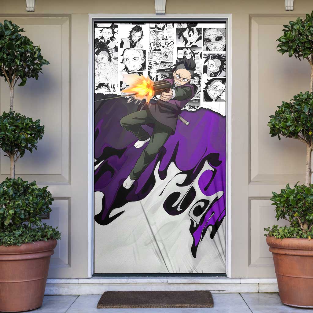 Genya Shinazugawa Demon Slayer Manga Panel Black and White Theme Door Cover with Purple Accents and Gun Action Pose - The Mazicc