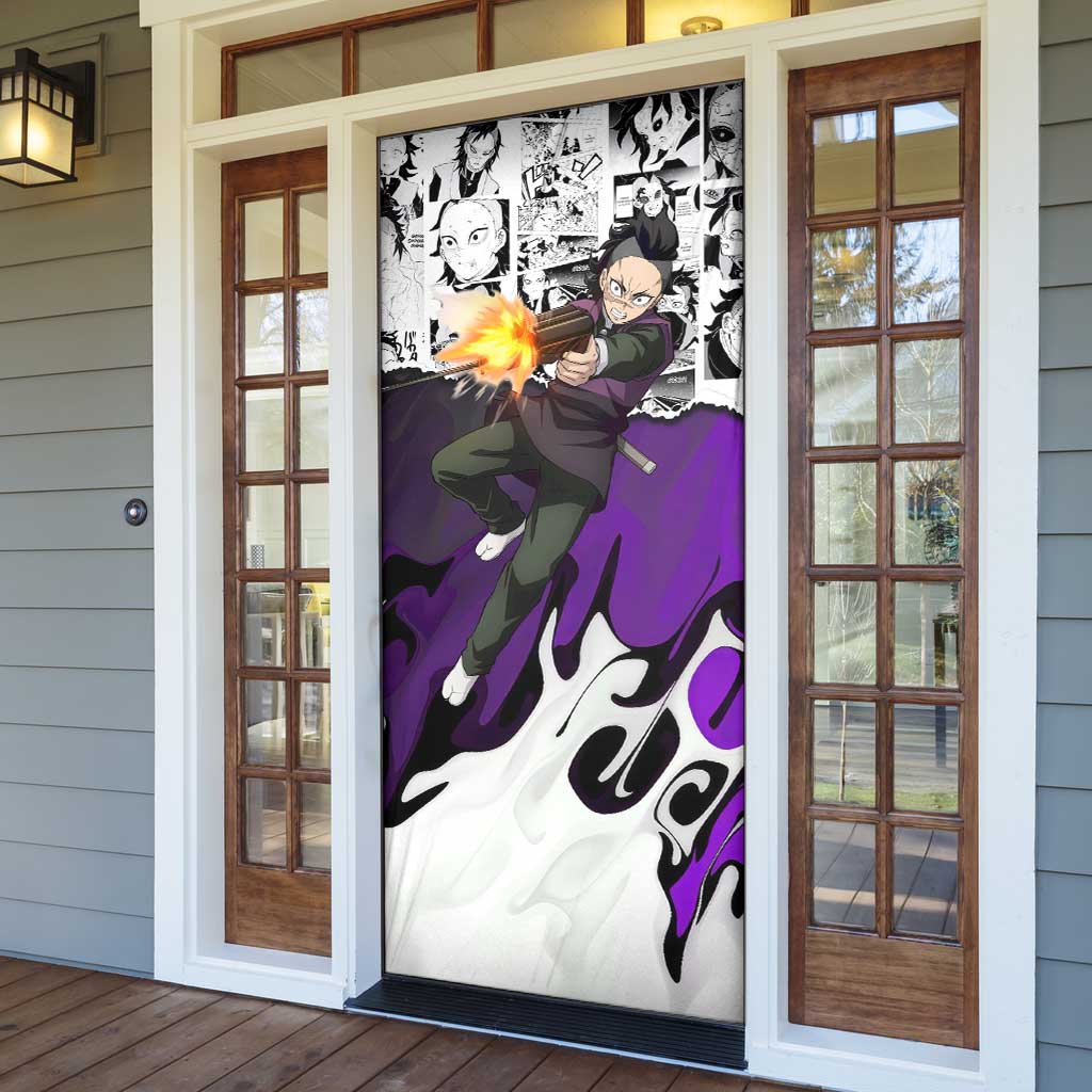 Genya Shinazugawa Demon Slayer Manga Panel Black and White Theme Door Cover with Purple Accents and Gun Action Pose - The Mazicc