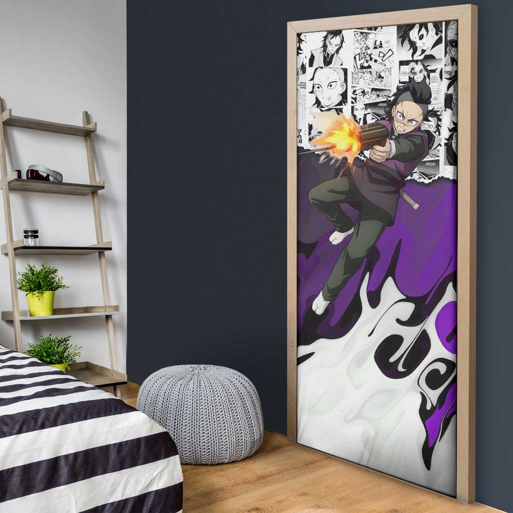Genya Shinazugawa Demon Slayer Manga Panel Black and White Theme Door Cover with Purple Accents and Gun Action Pose - The Mazicc
