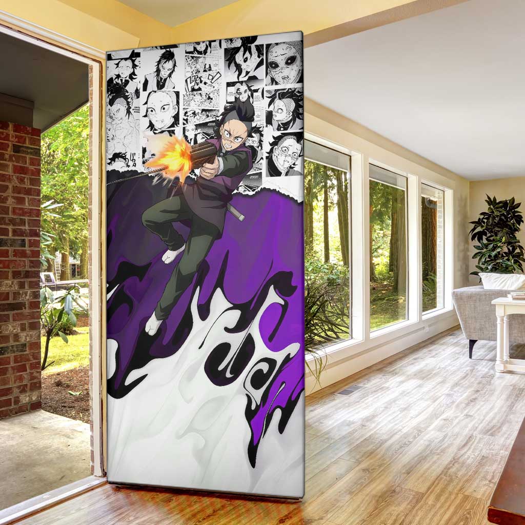 Genya Shinazugawa Demon Slayer Manga Panel Black and White Theme Door Cover with Purple Accents and Gun Action Pose - The Mazicc