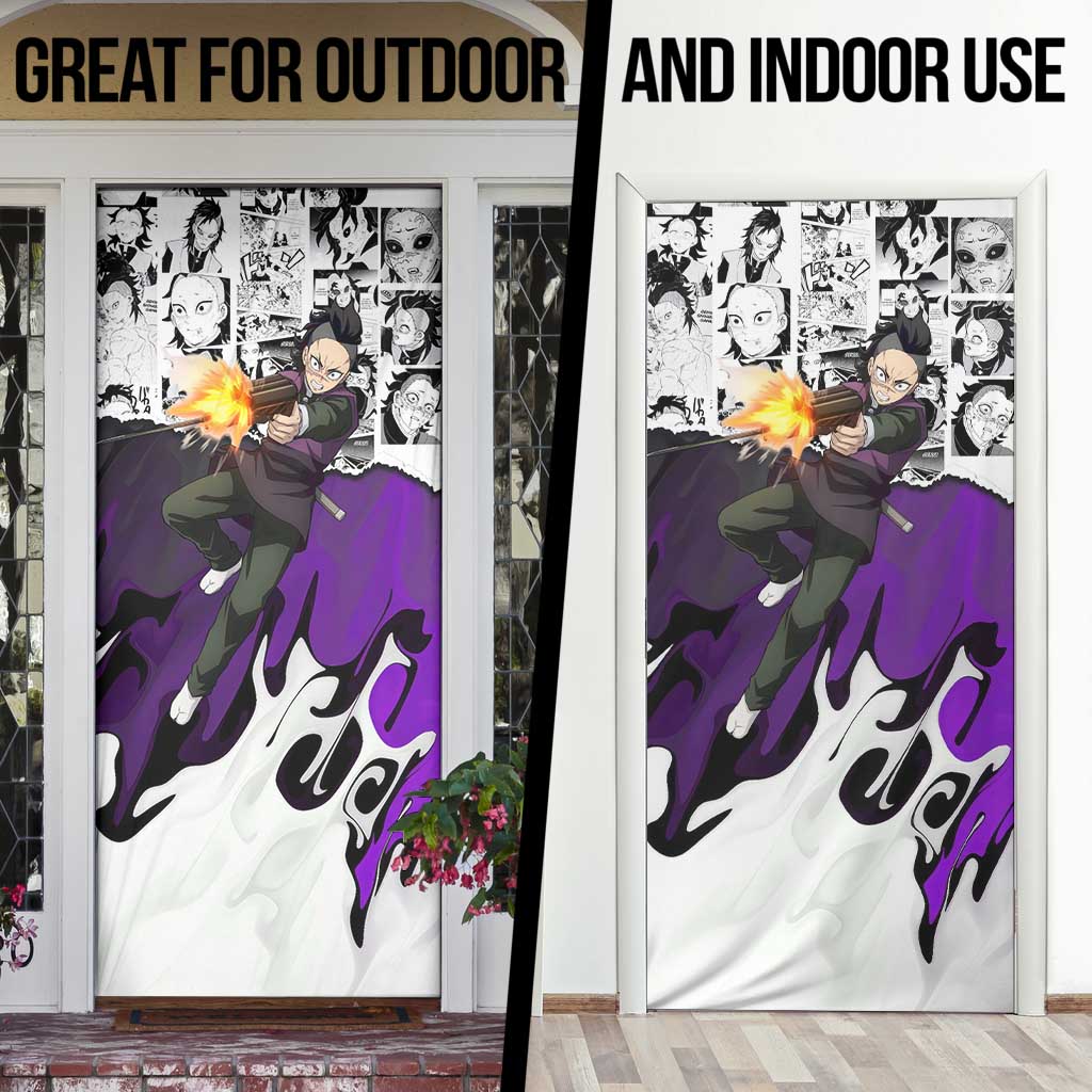 Genya Shinazugawa Demon Slayer Manga Panel Black and White Theme Door Cover with Purple Accents and Gun Action Pose - The Mazicc