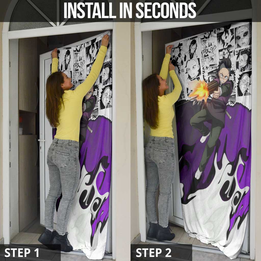 Genya Shinazugawa Demon Slayer Manga Panel Black and White Theme Door Cover with Purple Accents and Gun Action Pose - The Mazicc