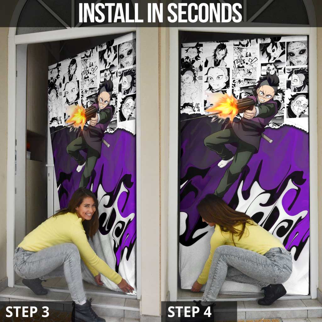 Genya Shinazugawa Demon Slayer Manga Panel Black and White Theme Door Cover with Purple Accents and Gun Action Pose - The Mazicc