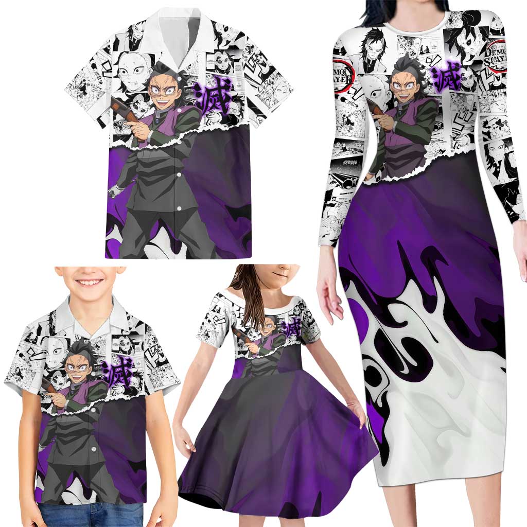 Genya Shinazugawa Demon Slayer Manga Panel Black and White Theme Family Matching Long Sleeve Bodycon Dress and Hawaiian Shirt with Purple Accents and Gun Action Pose