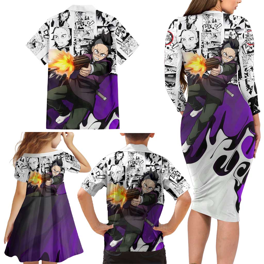Genya Shinazugawa Demon Slayer Manga Panel Black and White Theme Family Matching Long Sleeve Bodycon Dress and Hawaiian Shirt with Purple Accents and Gun Action Pose
