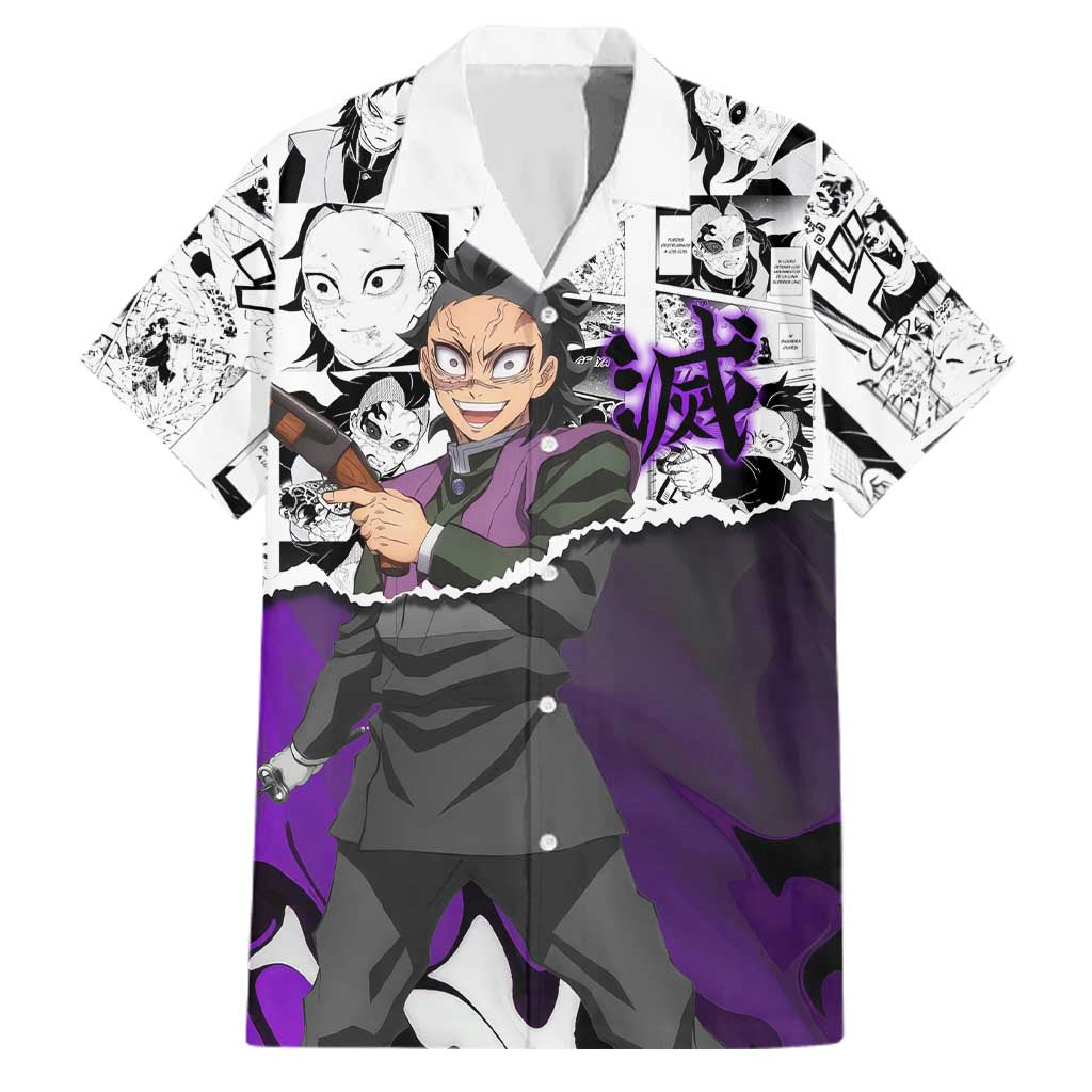 Genya Shinazugawa Demon Slayer Manga Panel Black and White Theme Family Matching Long Sleeve Bodycon Dress and Hawaiian Shirt with Purple Accents and Gun Action Pose
