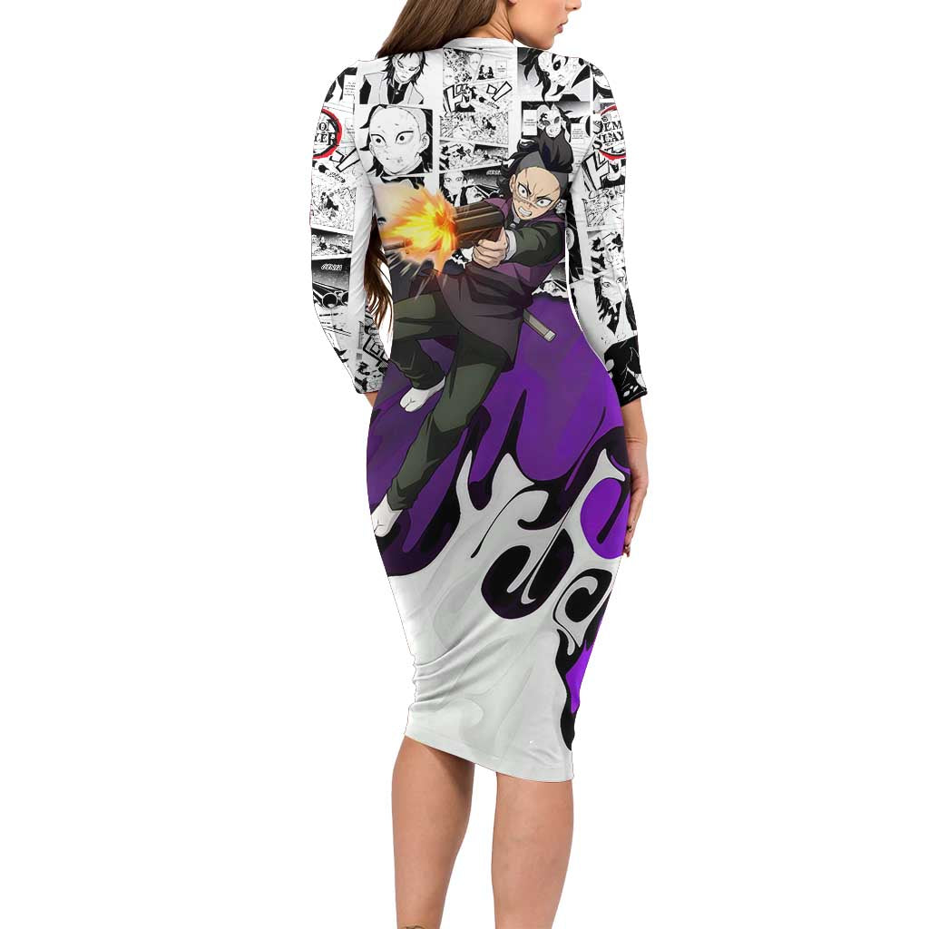 Genya Shinazugawa Demon Slayer Manga Panel Black and White Theme Family Matching Long Sleeve Bodycon Dress and Hawaiian Shirt with Purple Accents and Gun Action Pose